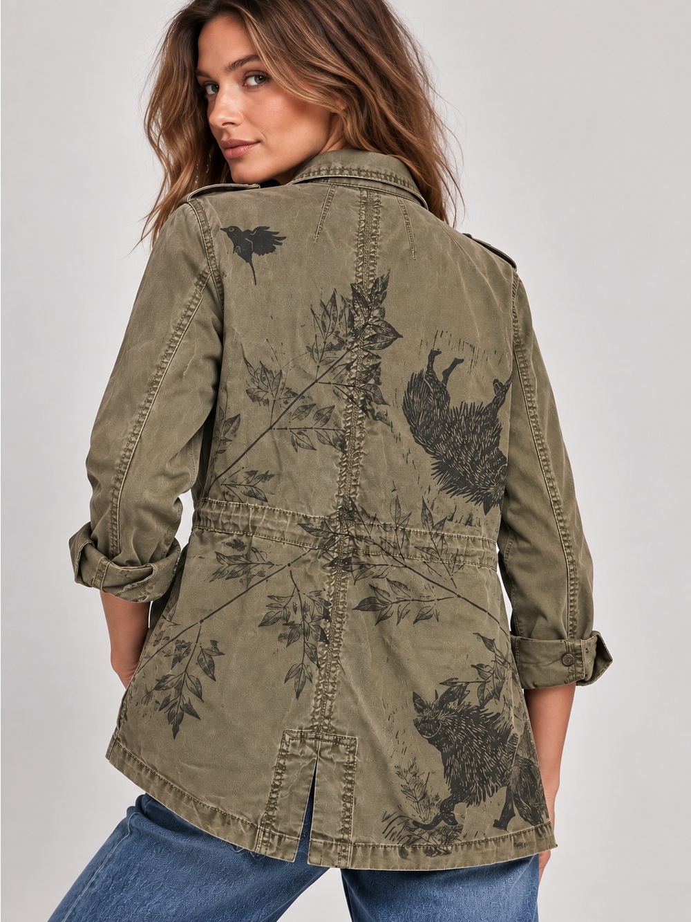 Cabi Style 722 Olive Green Animal Print Utility Field Jacket Military Size Small